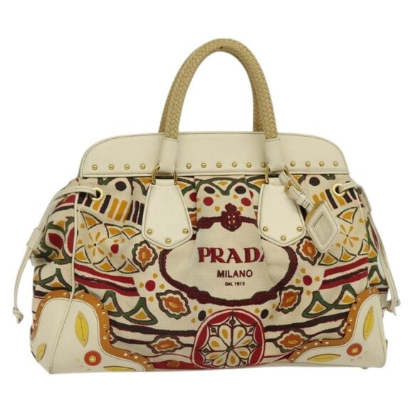 PRADA Hand Bag Canvas Beige Gold Auth - Picture 1 of 16